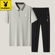 花花公子（PLAYBOY）冰絲短袖T恤男夏季POLO衫套裝中老年爸爸運動休閑三件套體恤 杏色 米長褲平腳(兩件裝) XL 建議120-140斤