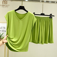 莫代爾莫代爾V領(lǐng)無(wú)袖睡衣套裝女夏季薄款家居服大碼休閑外穿純色T恤短褲 牛油果綠 L (建議100-120斤)