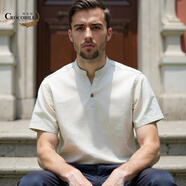 鱷魚(yú)恤【下擺開(kāi)叉】中國風(fēng)亞麻T(mén)恤男短袖立領(lǐng)2025夏季薄款男士休閑體恤 淺卡其 M