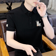 花花公子2025夏季新款男士短袖t恤潮流翻領(lǐng)POLO衫男裝帶領(lǐng)冰絲體恤上衣服 216黑色 XL 175