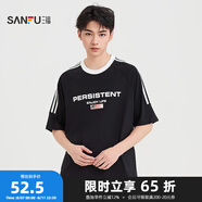 三福2025夏季男士運(yùn)動(dòng)風(fēng)杠條短袖T恤 休閑寬松圓領(lǐng)上衣497849 黑色 L