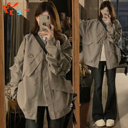 CS.LION美式高街設計感飛行服外套女春秋寬松不規則中性工裝夾克棒球服潮 灰色 L  106-120斤