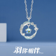 俊利S925幻彩月光石羽毛項鏈女日韓ins女生輕奢小眾感鎖骨鏈 (琉璃石)白金色 925銀
