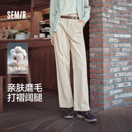 森馬（Semir）休閑褲女純棉打褶闊腿褲腰帶秋復(fù)古磨毛長褲顯腿長101524127005A