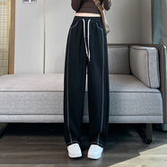 韓依索絲美式復(fù)古闊腿牛仔褲女寬松直筒高腰休閑長(zhǎng)褲 黑色長(zhǎng)褲 S