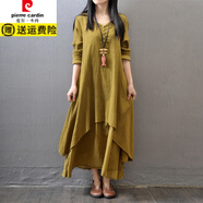 皮爾卡丹（pierre cardin）2025棉麻長(cháng)袖連衣裙女新款文藝民族風(fēng)白色裙子禪意長(cháng)裙亞麻連身裙 姜黃色 S