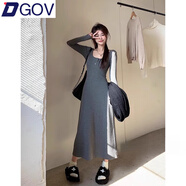 DGOV矮個(gè)子法式方領(lǐng)針織連長(zhǎng)袖衣裙女收腰a字中長(zhǎng)款打底裙顯高 深灰色常規(guī)款zt M 【96-105斤】