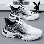 花花公子（PLAYBOY OUTDOOR）運(yùn)動(dòng)男鞋夏季2025新款透氣減震老爹鞋男青少年網(wǎng)面跑步鞋 白黑 -【主圖款】- 39 標(biāo)準(zhǔn)運(yùn)動(dòng)碼
