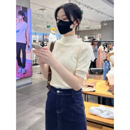 子耳夏天高領(lǐng)半截袖女士寬松版高級感2025女士短袖時尚高檔一點T恤 杏色 XL