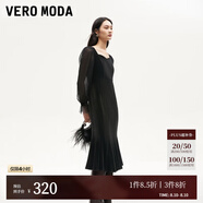 VEROMODA連衣裙2024秋季女裝新款天鵝絨拼接網(wǎng)紗魚(yú)尾長(cháng)裙鉆石領(lǐng)東方簡(jiǎn)奢風(fēng) 紗袖絲絨裙-黑色 L