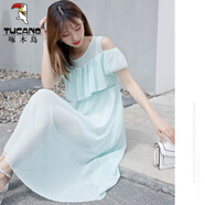 啄木鳥(niǎo)25夏秋韓版雪紡甜美仙女長(zhǎng)款露肩沙灘波西米亞清新學(xué)生碎花連衣裙 淺綠色 M 90-100