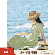 茵曼（INMAN）七七同款連衣裙2025夏女裝新款田園純棉提花方領(lǐng)A字泡泡袖蛋糕裙 淡綠色 M