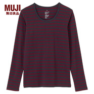 無(wú)印良品 MUJI 女式 棉彈力圓領(lǐng)長(zhǎng)袖T恤（條紋） 酒紅色*橫條 XS