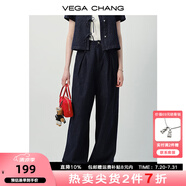 VEGA CHANG襯衫女2025新款夏通勤休閑翻領(lǐng)蝴蝶結(jié)系帶短袖襯衣外套 深牛仔藍(lán)（牛仔褲） L