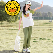 G.DUCKKIDS品牌童裝女童夏裝套裝短袖長(cháng)褲拼色兩件套女孩5-16歲兒童運動(dòng)套裝 BQ1615 軍綠色 175