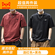 貓人（MiiOW）2025新款短袖T恤男百搭潮流寬松刺繡美式半袖上衣夏季薄款 酒紅色+黑色 3XL