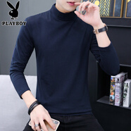 花花公子（PLAYBOY）半高領(lǐng)男裝T恤打底衫純色秋季修身長袖體恤純棉中領(lǐng)內(nèi)搭外穿秋衣 寶藍(lán)色 中領(lǐng)T恤 M