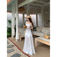 可可里小姐可可里蕾絲吊帶連衣裙女裝夏季法式度假風(fēng)收腰顯瘦氣質(zhì)大擺長裙子 白色 S