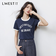 朗文斯汀（L.WEST）撞色圓領短袖T恤女2025秋季新款百搭字母印花正肩體恤衫 藏青 S
