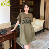 DXOT2025夏季新款韓版大碼寬松顯瘦中長款棉質(zhì)T恤連衣裙字母上衣女裝 軍綠色 2XL 【建議 145-165斤】