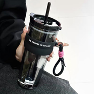 波比熊（BOBBI BEAR）簡約帶吸管玻璃杯家用帶蓋水杯高顏值咖啡辦公女學(xué)生辦公防燙杯子 大號極光玻璃黑520毫升+杯刷