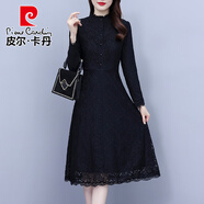 皮爾卡丹蕾絲連衣裙子女士裝春秋冬2025新款爆款洋氣長袖氣質(zhì)中長裙打底 黑色 L (95-105斤)