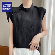 羅蒙（ROMON）中式國風盤扣無袖夏季女士新款襯衫上衣繡花歐根紗真絲短袖 黑色 L 100-120