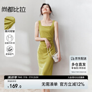 尚都比拉法式連衣裙女夏天赫本風氣質(zhì)A字裙抽褶收腰顯瘦背帶裙 黃綠色 L