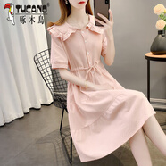 啄木鳥(niǎo)紫色短袖連衣裙女2025夏季新款韓版甜美茶歇裙顯瘦收腰中長(cháng)款裙子 粉色 L 建議100-110斤