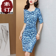 夏典素訂女王（SE.PSTP）夏季新款修身氣質(zhì)優(yōu)雅名嬡方領(lǐng)連衣裙褶皺收腰顯瘦包臀女裝中裙 518天藍(lán) M