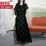 維多利亞的格調(diào)大碼女裝輕奢波點(diǎn)紗網(wǎng)不規(guī)則連衣裙遮肉系帶過膝裙子2025夏新 波點(diǎn)網(wǎng)紗 L