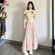 皮爾卡丹巨好看的夏裝一整套溫柔欲收腰顯瘦針織短袖女高腰半身長裙套裝 杏色T恤 S (80-99斤)