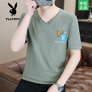花花公子V領(lǐng)短袖t恤男士夏季2025新款薄款半袖男裝上衣ins潮流雞心領(lǐng)體恤 1100灰綠色 M (約85~105斤可穿)