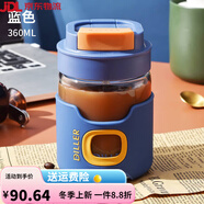 迪樂貝爾diller玻璃水杯女咖啡杯隨行杯可愛便攜防燙吸管杯子辦公室雙飲杯 360ml 藍(lán)色