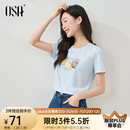 歐莎（OSA）白色短款T恤女士夏季新款衣服短袖印花顯瘦正肩上衣體恤修身 淺藍(lán)色 XS