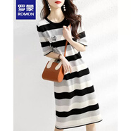 羅蒙（ROMON）法式短袖連衣裙中長(cháng)款2024夏季新款女裝高腰寬松條紋裙子 黑白條紋 L （110-125斤）
