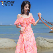 啄木鳥(niǎo)（TUCANO）溫柔風(fēng)小眾別致驚艷吊帶連衣裙甜美夏季長(cháng)裙雪紡碎花仙女沙灘裙子 花色 粉色花 S 85-100