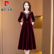 皮爾卡丹（pierre cardin）金絲絨連衣裙2025新款春秋冬喜婆婆婚宴裝媽媽禮服旗袍高端高級感 酒紅色-春秋款洋裝女長袖高檔端 2XL (適合116-125斤)