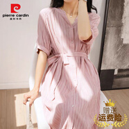 皮爾卡丹（PIERRE CARDIN）多巴胺條紋天絲連衣裙收腰顯瘦中長款夏季短袖寬松氣質(zhì)v領(lǐng)襯衫裙 亮粉色 短袖裙 L 寬松