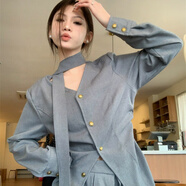 EDJCVTT法式復古長(cháng)袖V領(lǐng)襯衫高腰顯瘦大擺半身裙女裝秋季2025新款兩件套 上衣 M