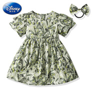 迪士尼（Disney）韓版姐弟裝田園風(fēng)泡泡袖連衣裙夏季兒童豹紋短袖襯衫短褲男童套裝 女童連衣裙12 70 CM