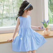 迪士尼女童夏季新款夏裝純棉無(wú)袖2025背心連衣裙中大童洋氣兒童公主裙子 藍色（花朵裙） 110 建議身高105cm左右