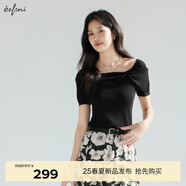 伊芙麗（eifini）伊芙麗經(jīng)典方領(lǐng)色設(shè)計(jì)感顯瘦薄款短袖上衣女針織衫2025夏季新款 黑色 L 115-130斤