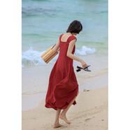 彌古紅色條紋連衣裙女高級感海邊度假沙灘裙2025夏波西米亞吊帶裙 暮酒緋韻（紅色） L