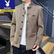 花花公子（PLAYBOY）秋冬季男士立領(lǐng)西服韓版修身加厚青年中山裝毛呢小西裝外套男潮 咖綠色 立領(lǐng)呢子西裝收藏加購(gòu)優(yōu) XL 建議體重120-130斤