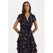 拉夫勞倫（Ralph Lauren）女款短袖印花褶皺雪紡連衣裙藍多色春夏通勤修身中長款 navy multi 均碼 |38