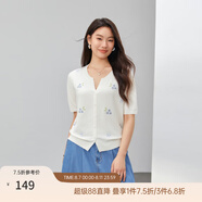 纖莉秀【海鹽味的夏天】小清新繡花V領(lǐng)針織衫大碼女裝胖mm夏新款1208 米白色 XL