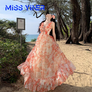 MISS YINER海邊氛圍感超仙連衣裙V領(lǐng)大擺公主裙碎花花裙子度假沙灘裙長(zhǎng)裙女 楓葉紅 S 收藏優(yōu)先發(fā)貨