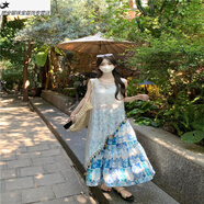 創(chuàng  )京懿選波西米亞海邊度假連衣長(cháng)裙女夏不規則吊帶民族風(fēng)多巴胺明媚度假裙 藍花半身裙 S