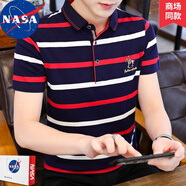 NASA RHUDE夏季POLO男裝短袖T恤男條紋男士夏天半袖翻領(lǐng)短袖t恤男休閑潮流 11紅條紋 M (推薦體重90-115斤)